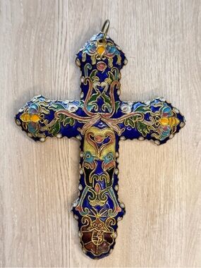 Vintage Enameled Cloisonné Cross Bees & Humming Birds Blue & Gold
